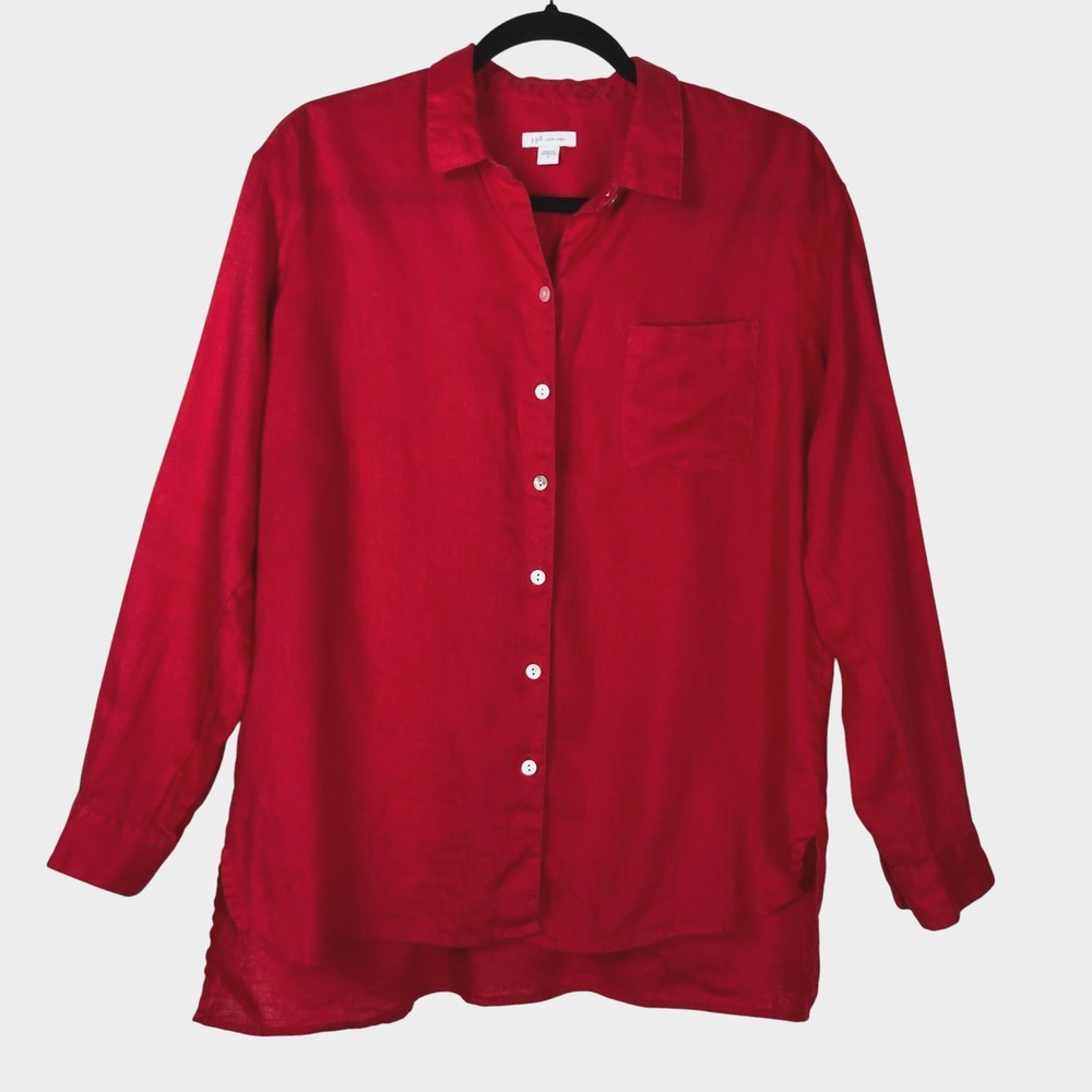 J. Jill Love‎ Linen Womens Long Sleeve Button Up Top Size S Red Beachy Classic